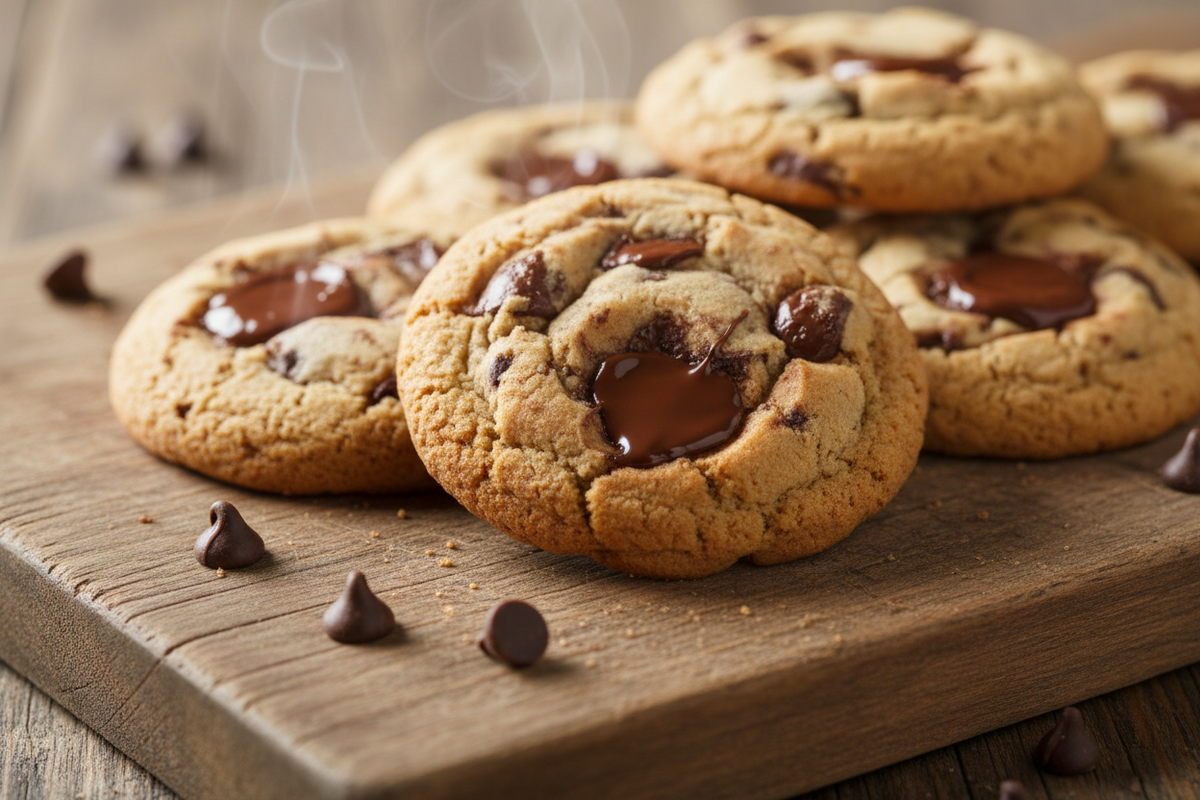 Soft-baked chocolate chip protein cookies cooling on a wooden board