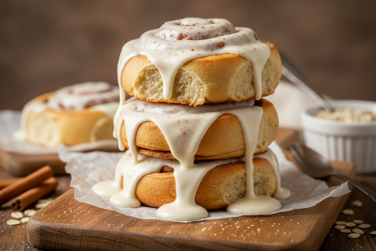 Stack of protein cinnamon rolls with cream cheese glaze on a wooden board