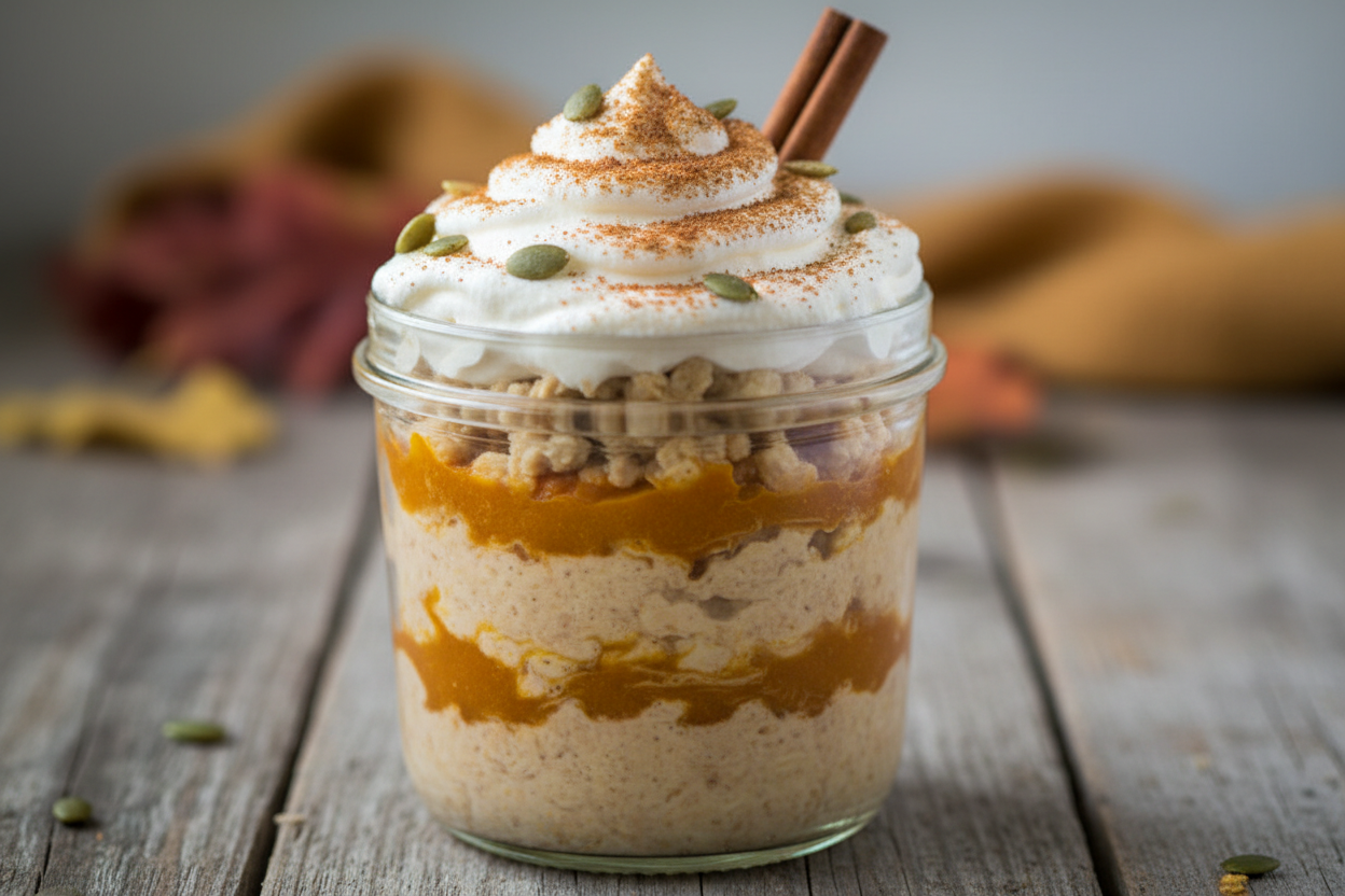 Pumpkin protein overnight oats with cinnamon dusting, 38g protein per serving