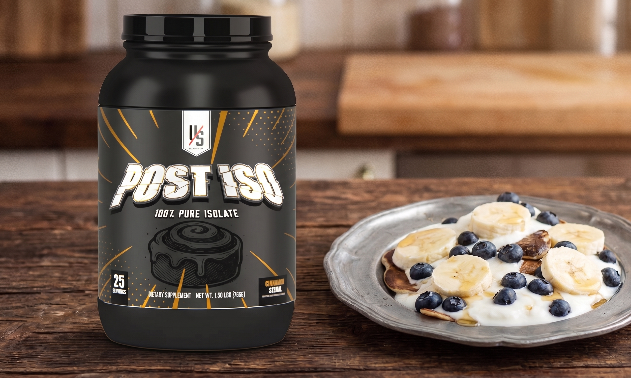 Cinnamon protein pancakes stacked with banana slices and sugar-free syrup