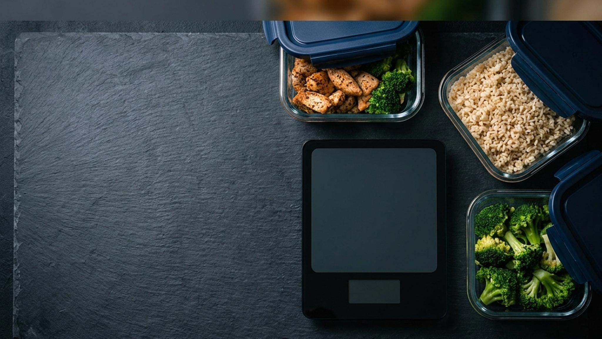 Glass meal prep containers of chicken, rice and broccoli beside a digital kitchen scale