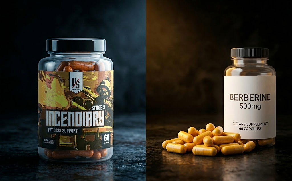 GlucoVantage Incendiary Stage 3 supplement compared side-by-side with standard berberine capsules
