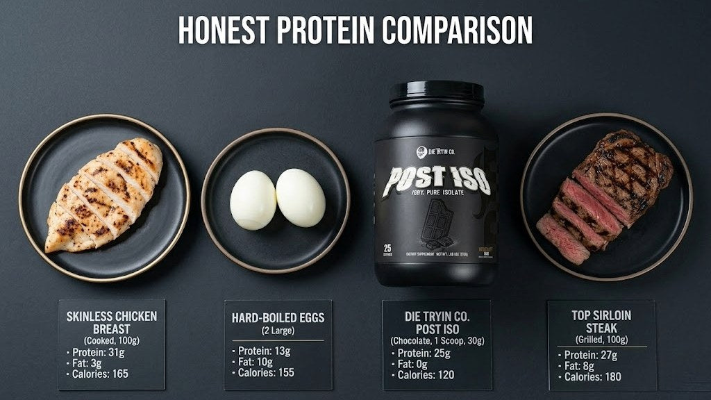 Honest protein comparison: chicken breast 31g, 2 hard-boiled eggs 13g, DTC Post Iso 24g, top sirloin steak 27g — macro and calorie breakdown for protein sources