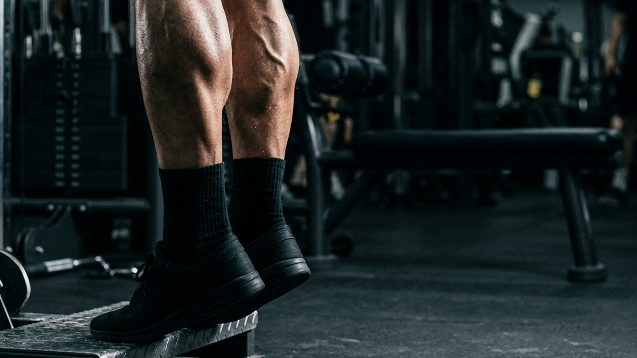 Close-up of calves fully contracted at the top of a standing calf raise