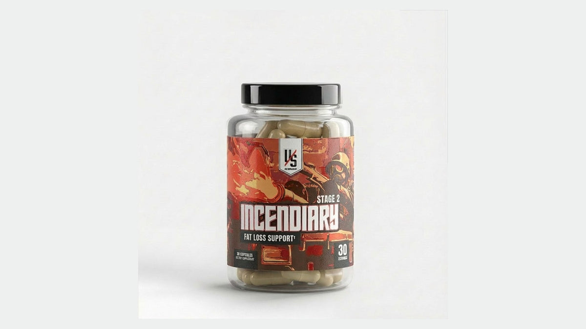 Incendiary Stage 2 fat loss support capsules in a clear bottle, studio shot