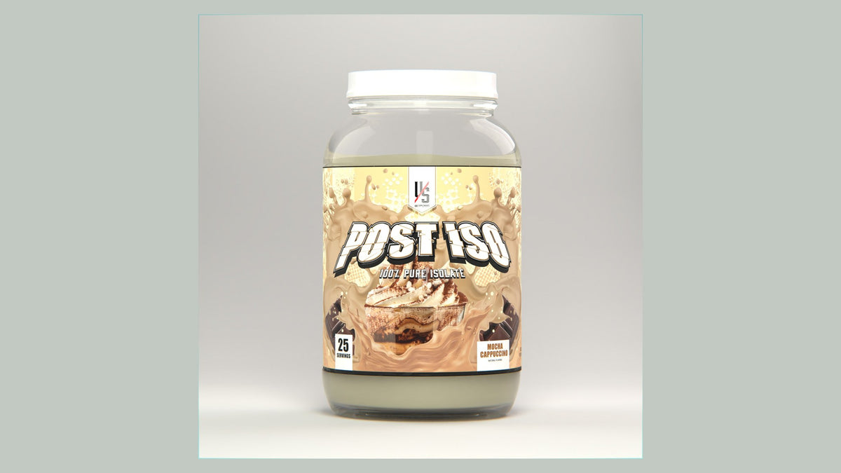 Post Iso Mocha Cappuccino whey isolate tub, studio shot