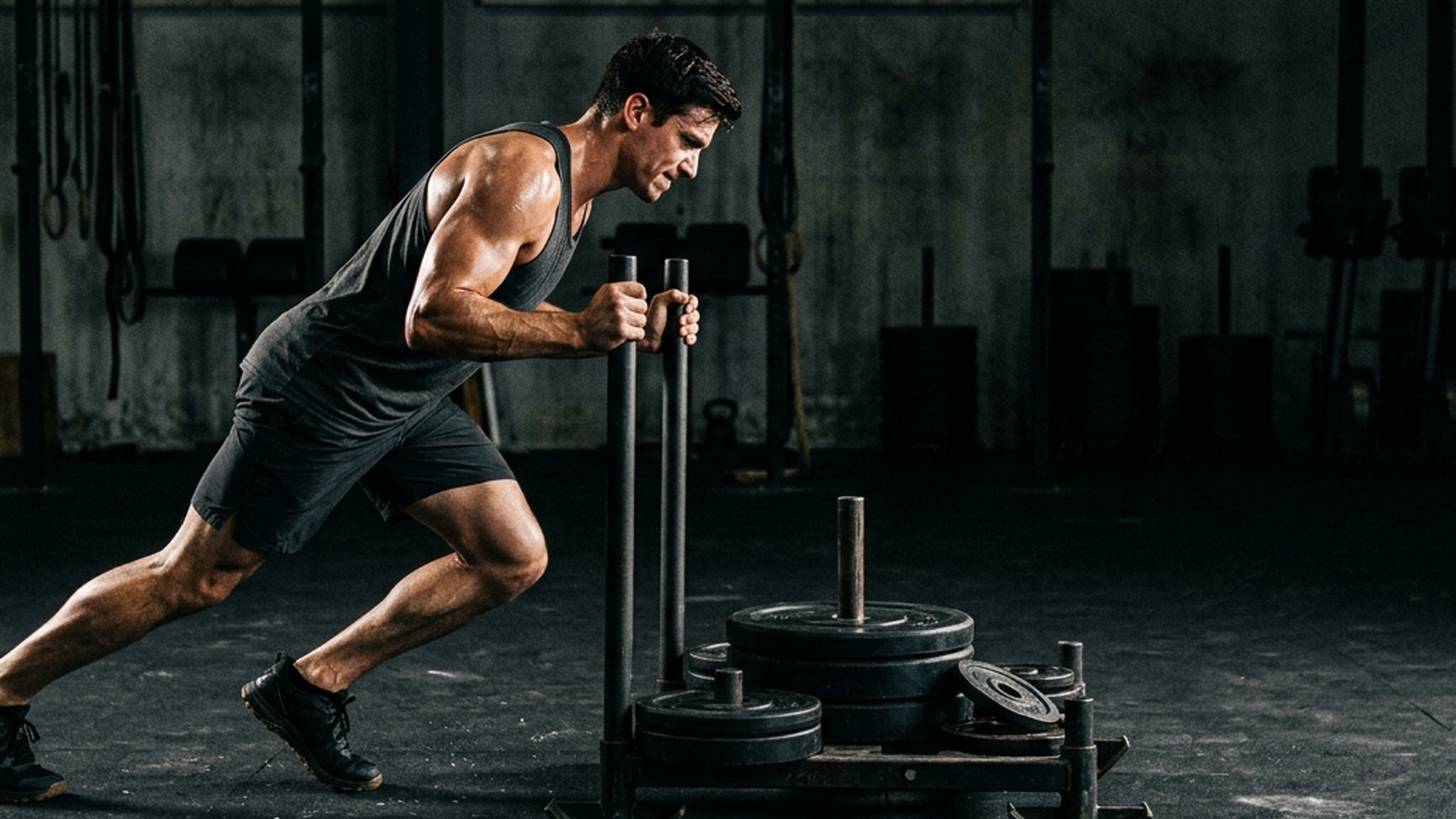 Athlete driving a heavily loaded weight sled across a dark gym floor, low and straining