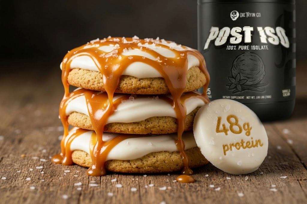 Stack of frozen yogurt protein cookies with salted caramel drizzle beside a Post Iso whey isolate tub