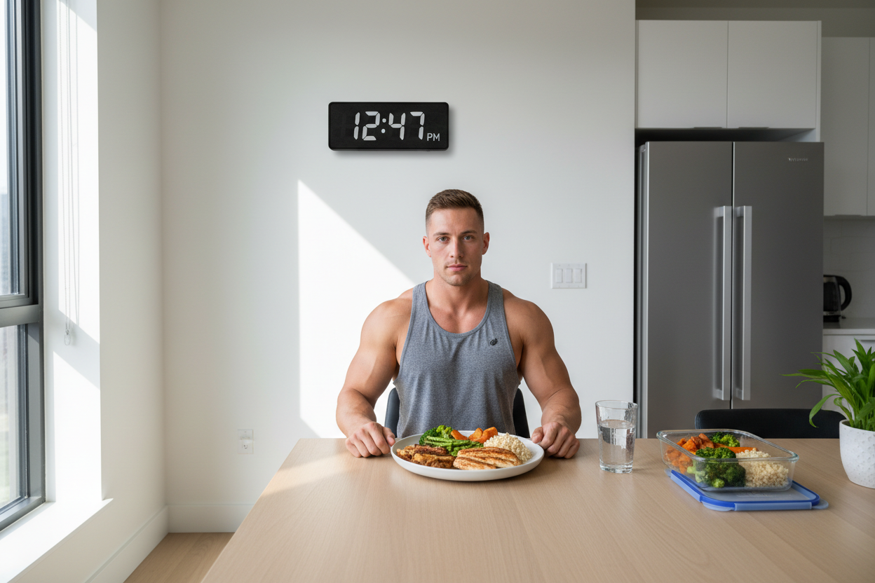 Lifter timing a meal during an intermittent fasting eating window