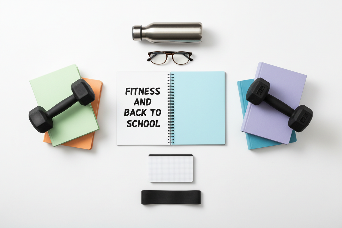 Notebook reading fitness and back to school beside dumbbells and textbooks