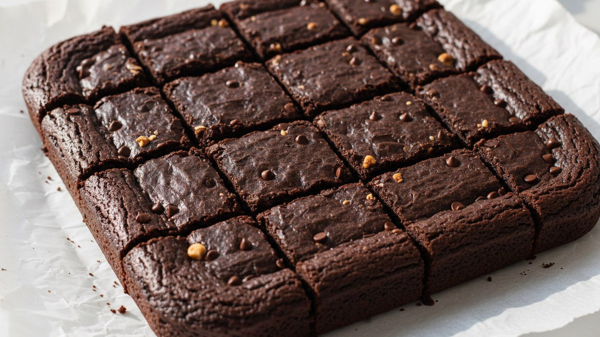 high-protein brownies cut into squares on parchment