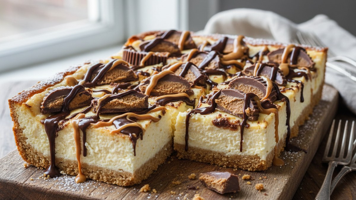 Protein cheesecake bars stuffed with sugar-free Reese's cups