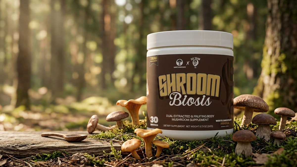 Shroombiosis white chocolate mocha mushroom supplement jar in a forest with wild mushrooms, Shroombiosis x Die Tryin Co. collab