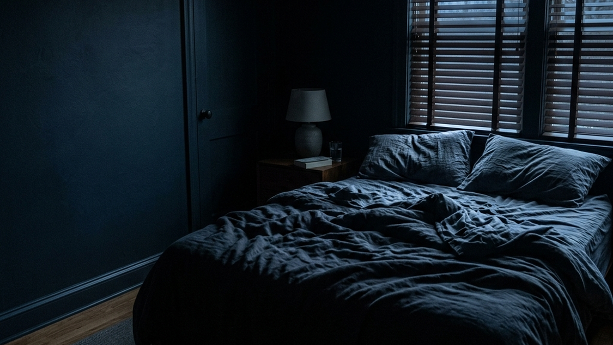 Dark bedroom before dawn with thin cold light falling across rumpled bedding