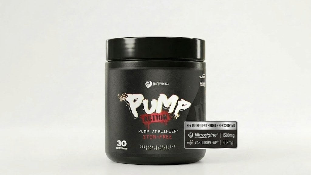 Pump Action stim-free pump capsules showing 1500mg Nitrosigine and 508mg VasoDrive-AP per serving