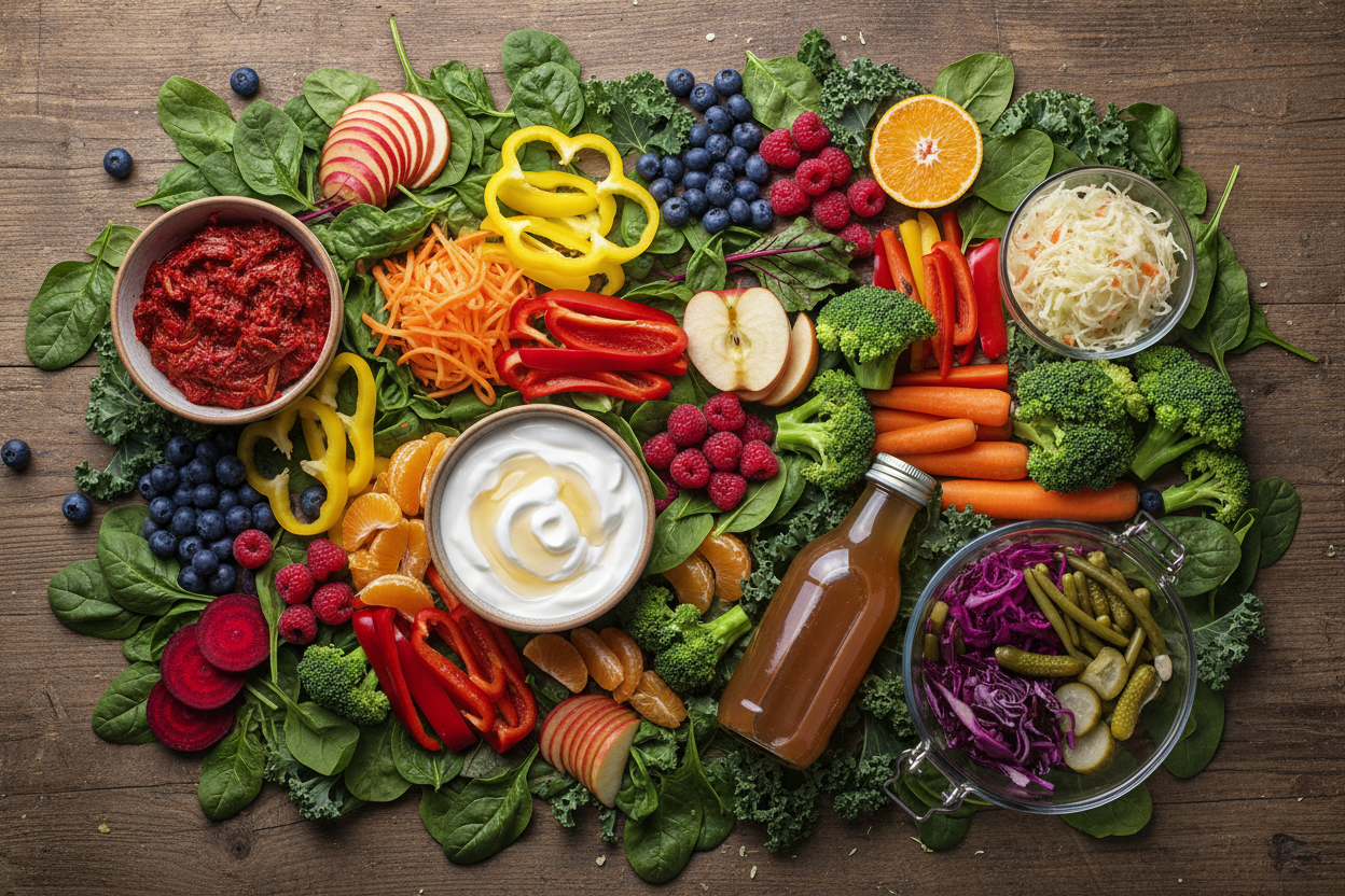 Whole-food spread of vegetables, fruit, and fermented foods for gut health next to Die Tryin Co. Daily Essentials