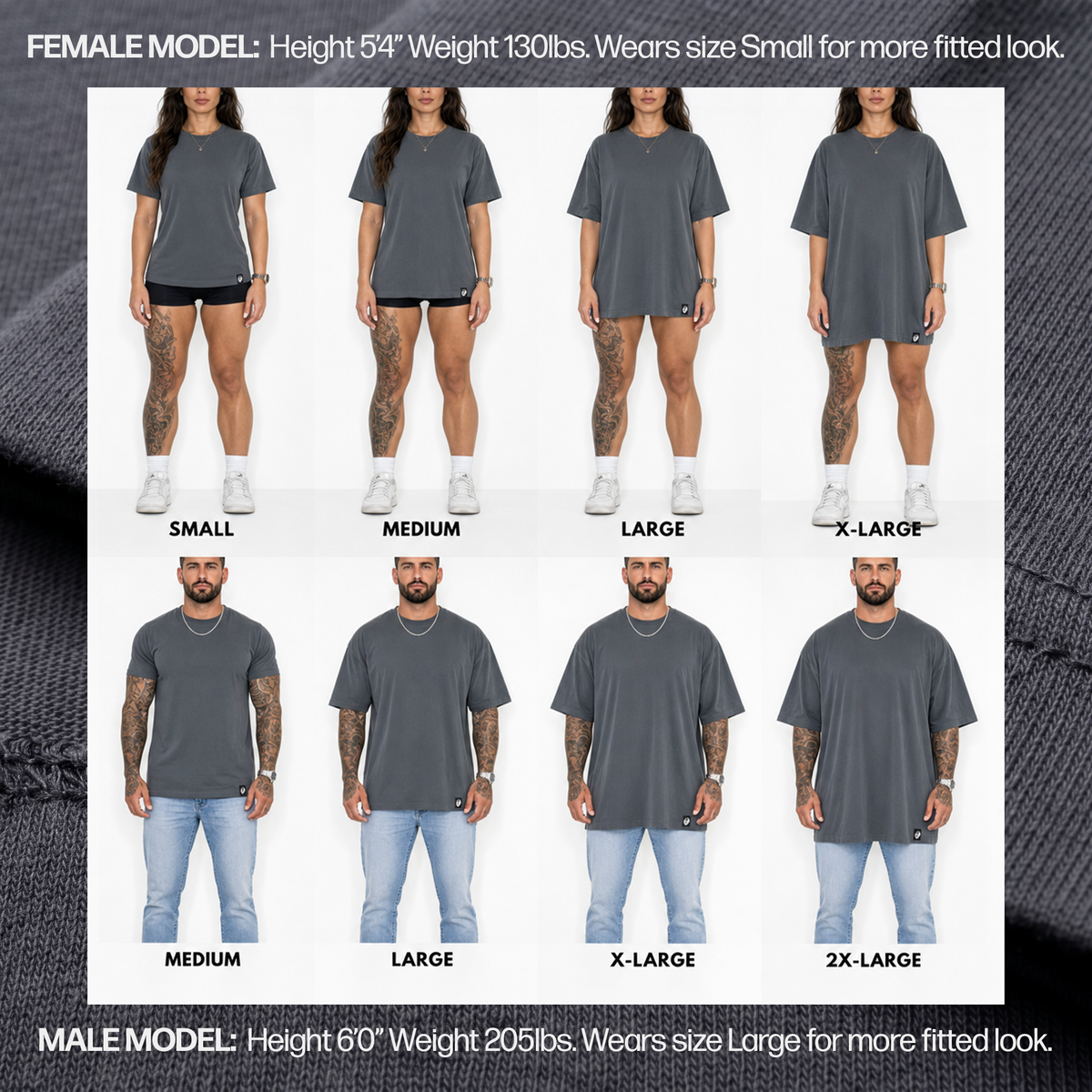 Oversized tee fit guide: a female model in sizes S to XL and a male model in M to 2XL, all in a dark grey tee