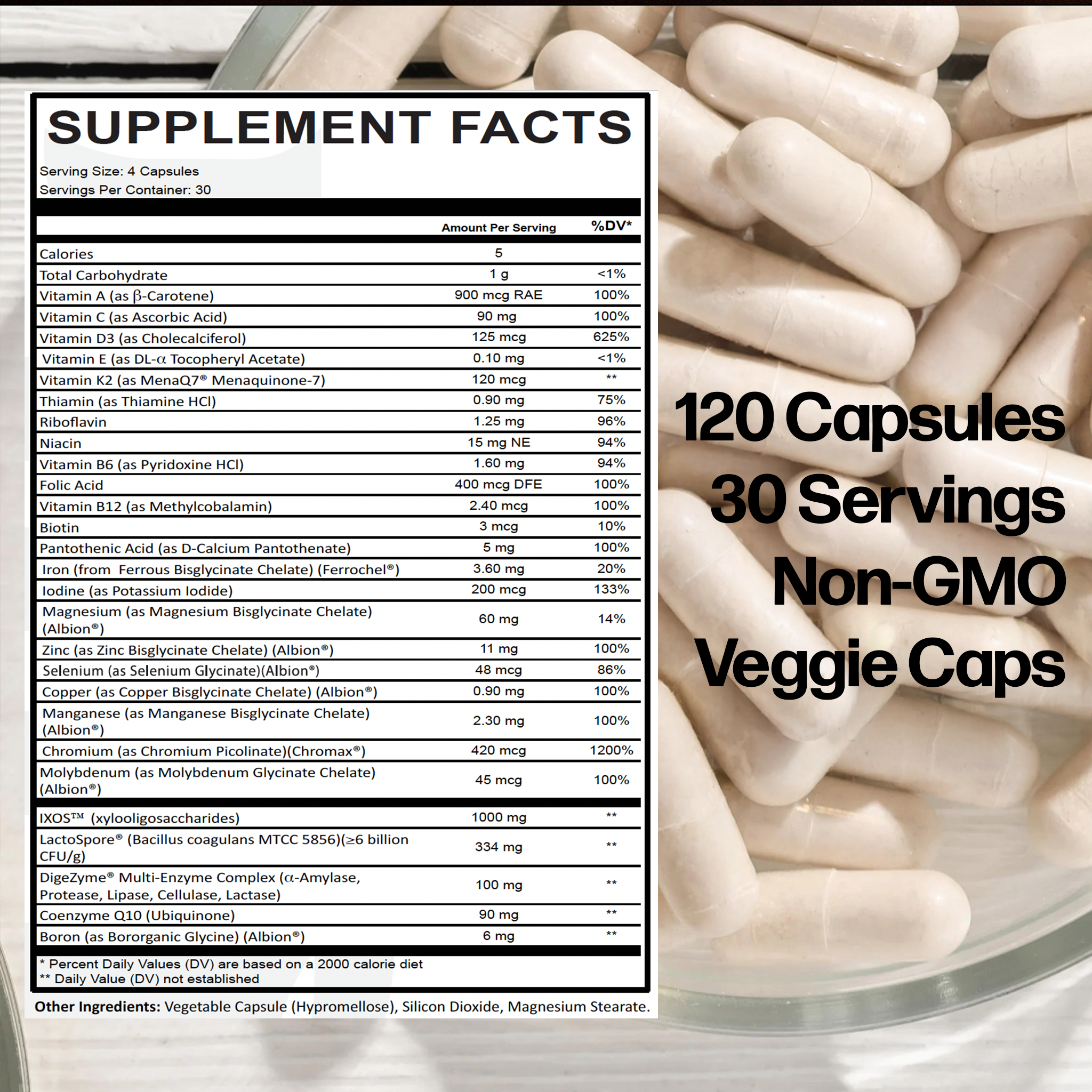 Daily Essentials supplement facts panel beside loose veggie capsules, 120 capsules, 30 servings