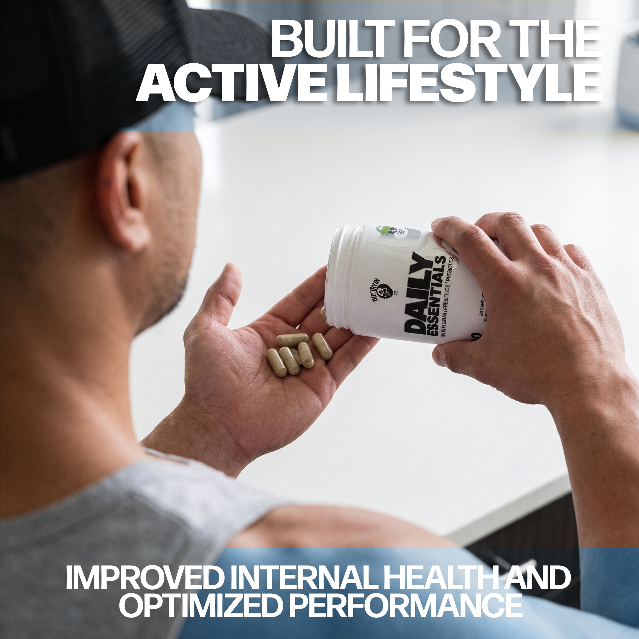 Lifter portioning Daily Essentials capsules into his hand, built for the active lifestyle
