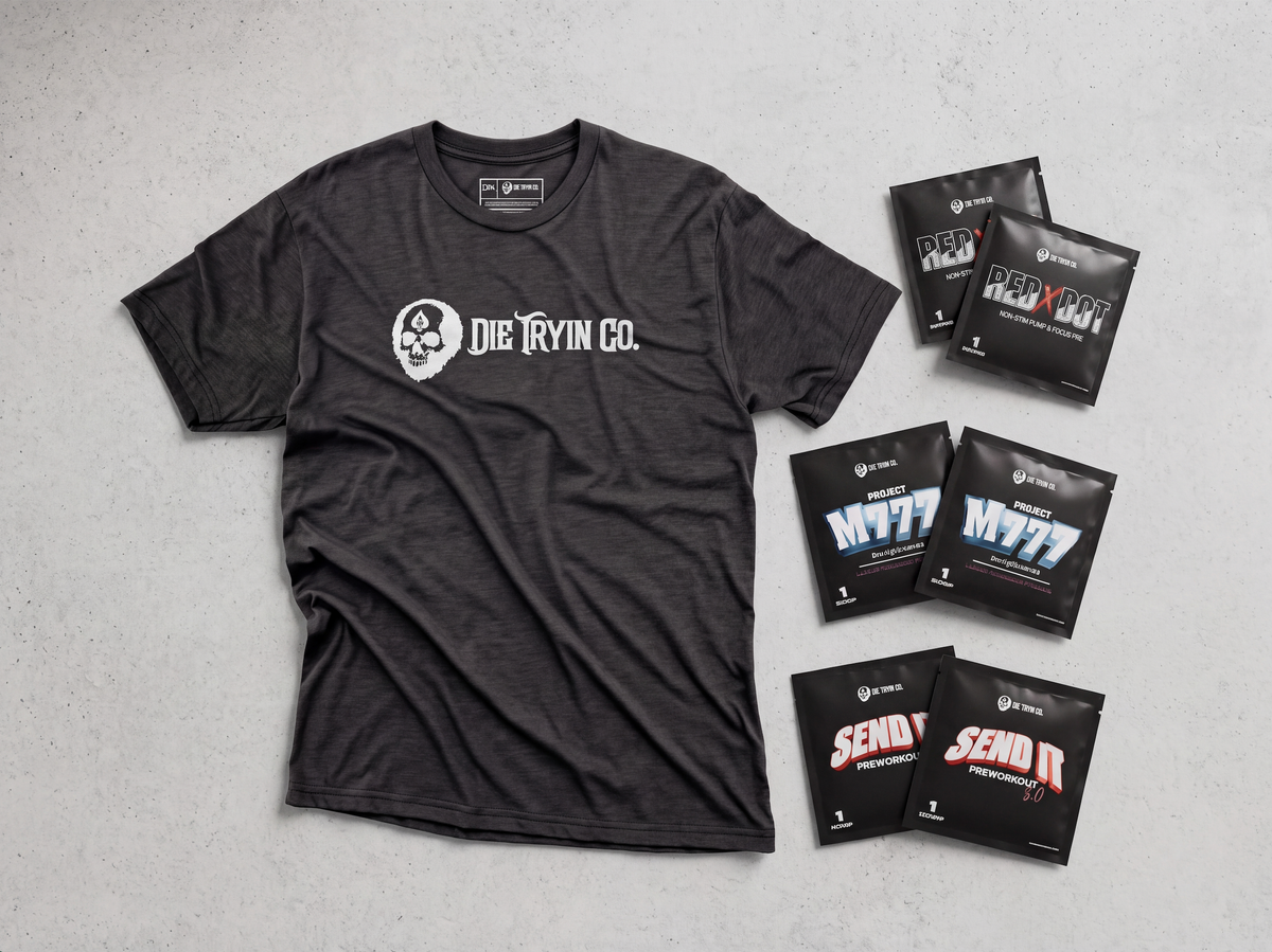 Pre-Workout Sampler kit: a black Die Tryin Co. tee with two Red Dot, two Project M777 and two SEND IT sample packets