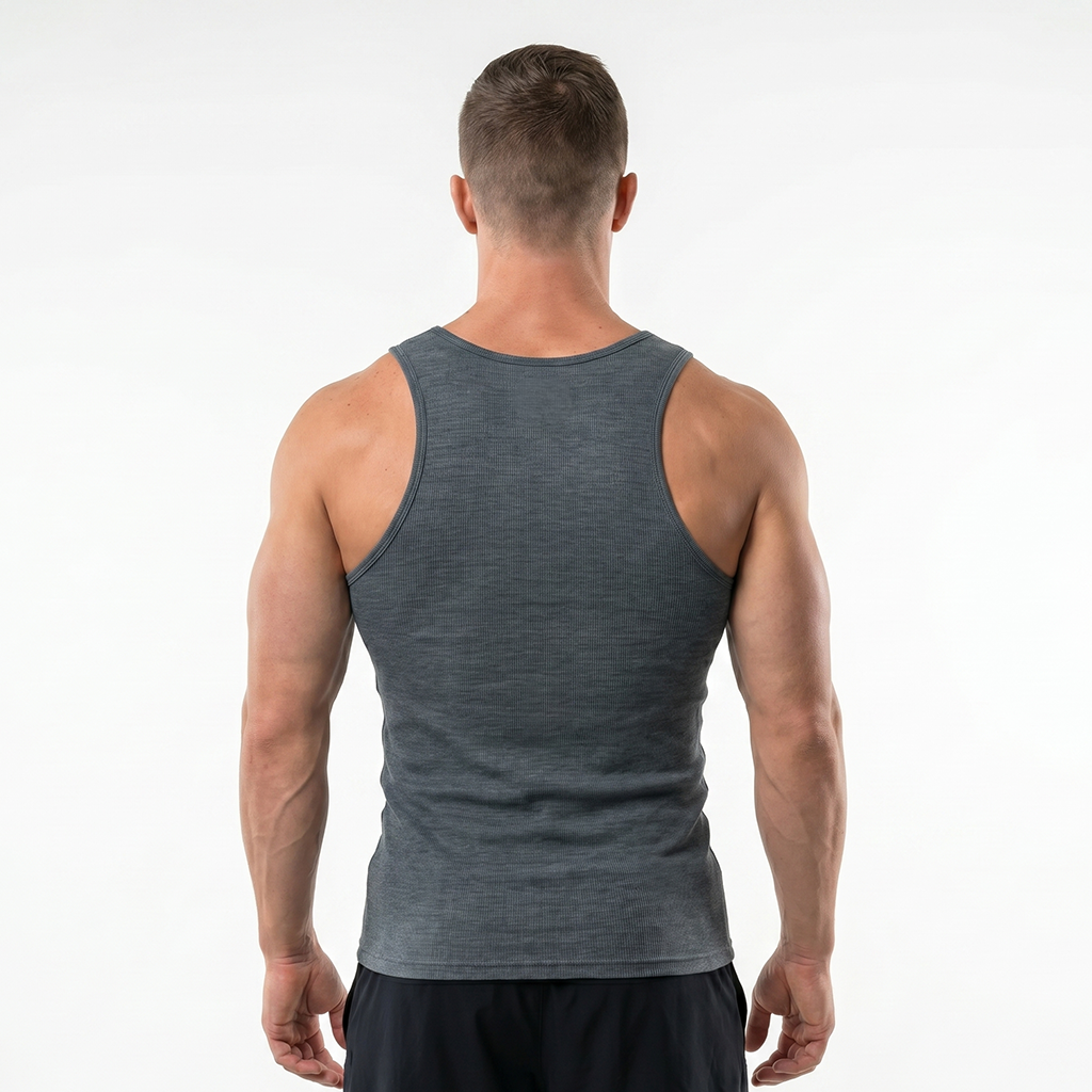 Die Tryin Co. Beater tank in grey, back view worn