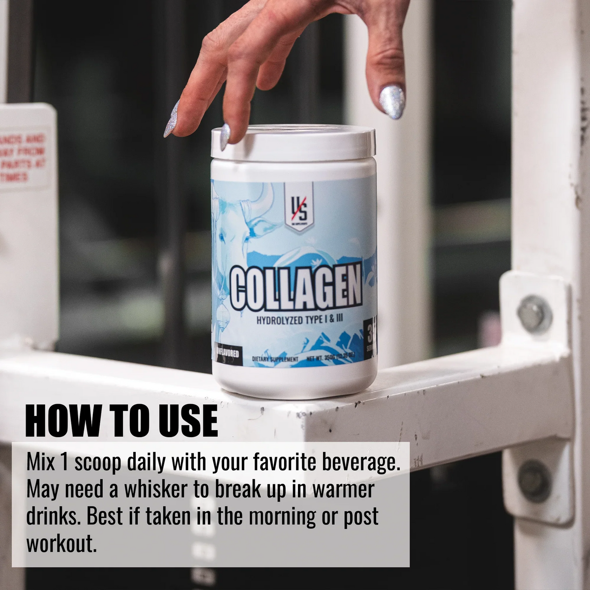 How to use Collagen: mix one scoop daily into a warm or cold beverage
