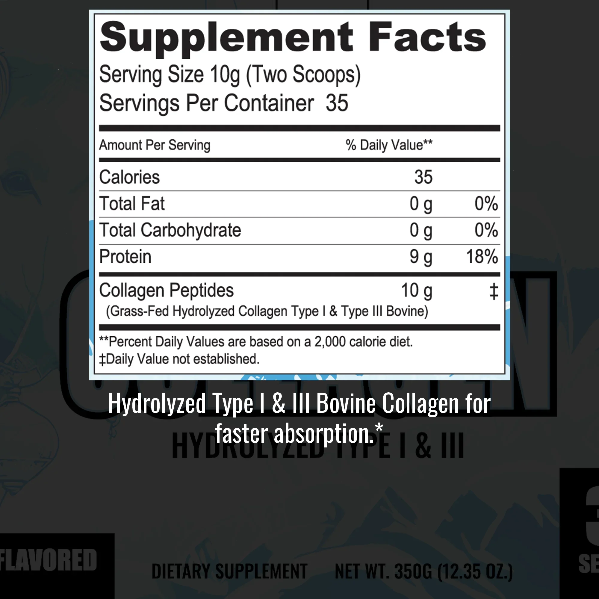 Collagen supplement facts: 10g grass-fed hydrolyzed collagen peptides and 9g protein per two-scoop serving
