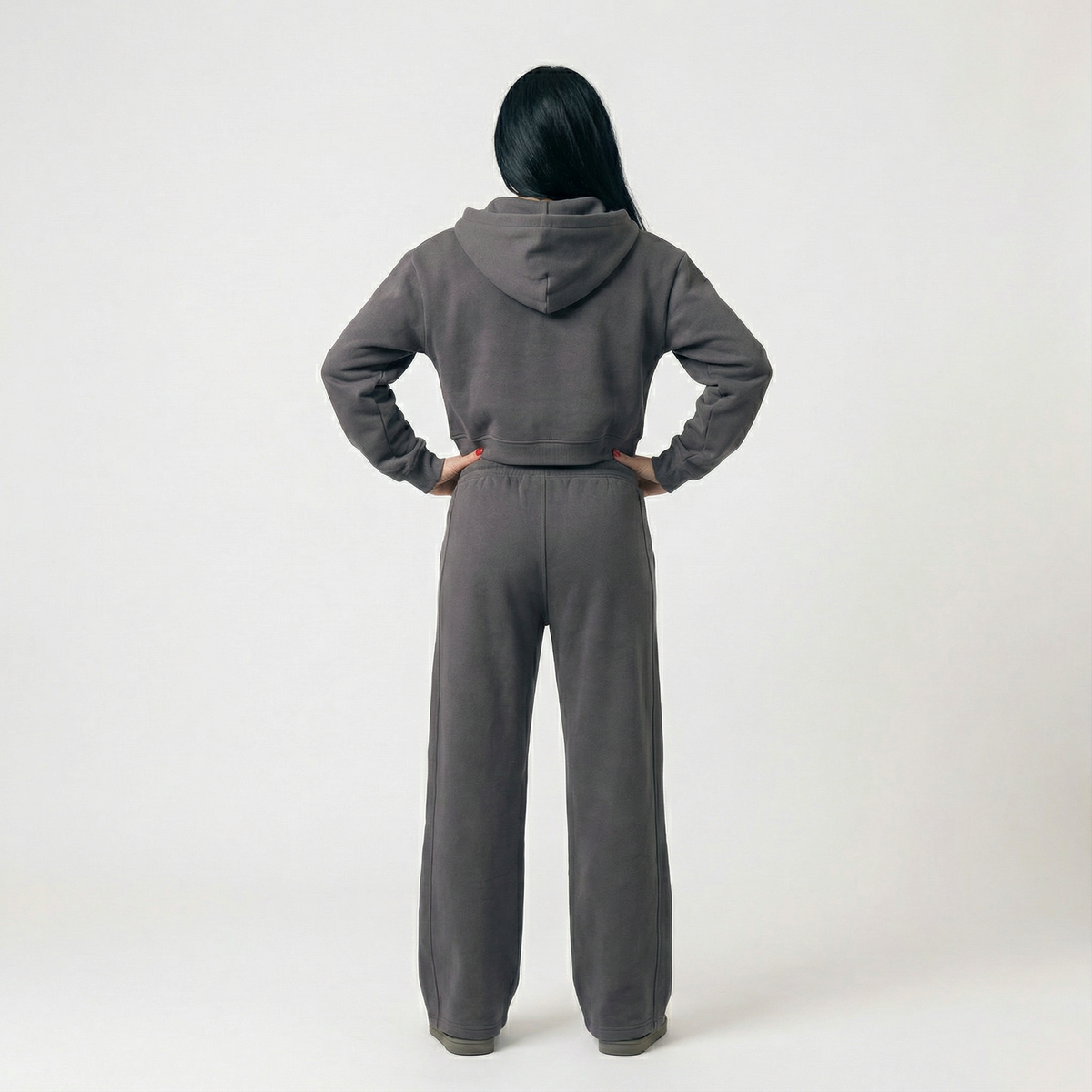 Crop hoodie and baggie jogger combo in grey, back view