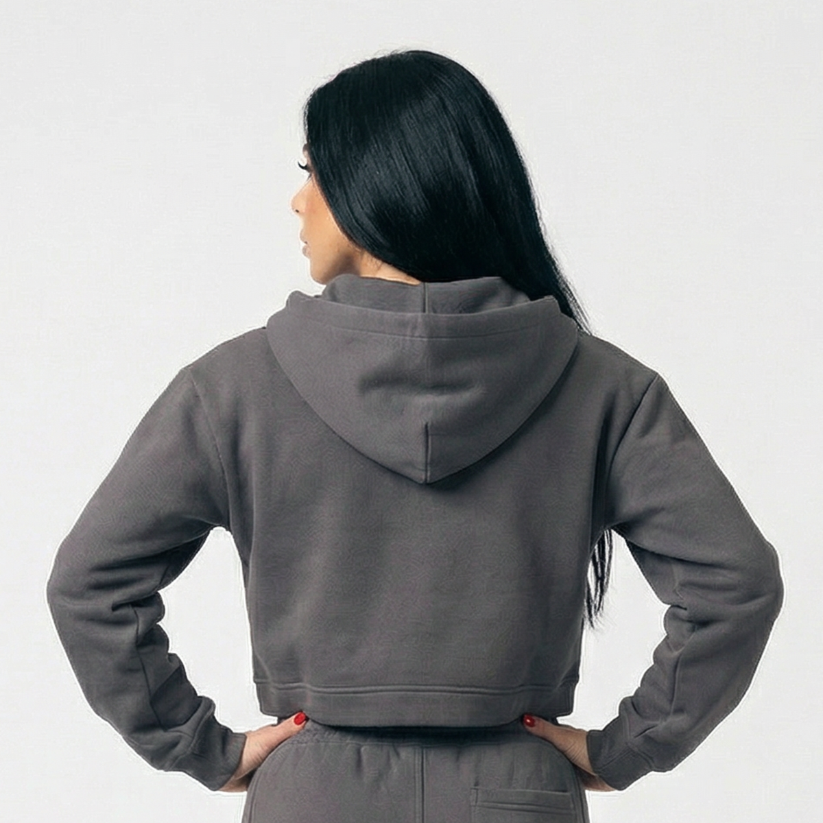 Back detail of the grey cropped hoodie