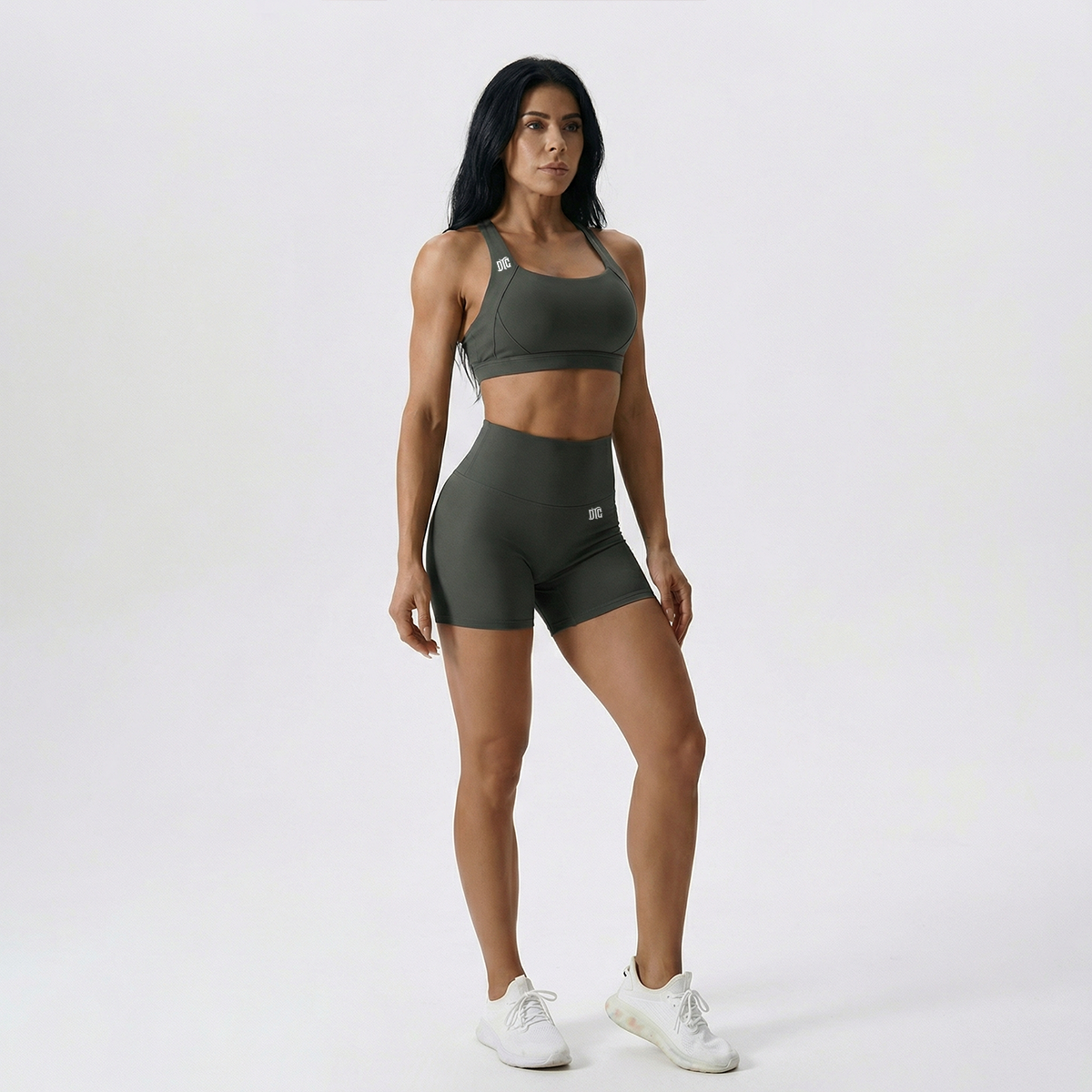 DTC performance shorts and matching sports bra in olive