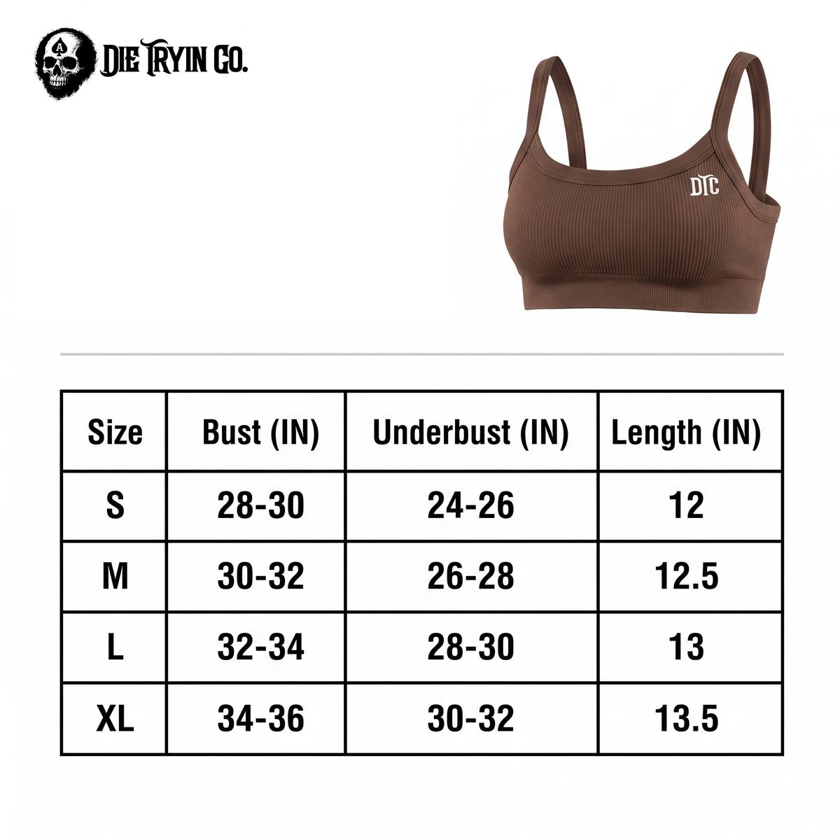 DTC ribbed performance bra size chart with bust, underbust and length measurements