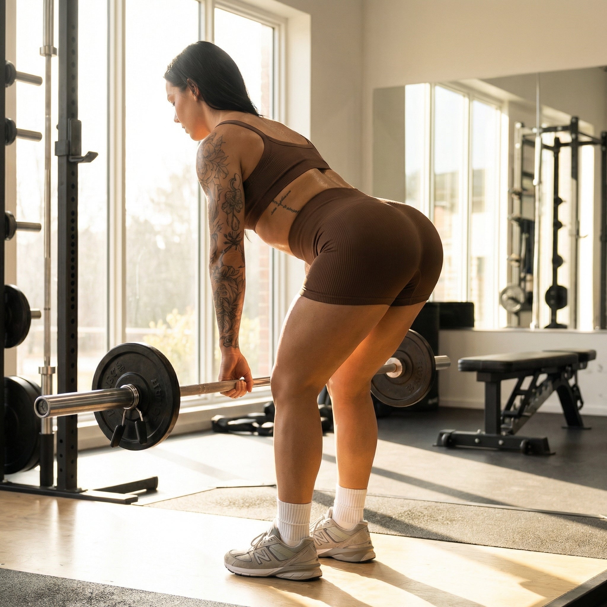 DTC ribbed performance set in brown worn during a barbell deadlift