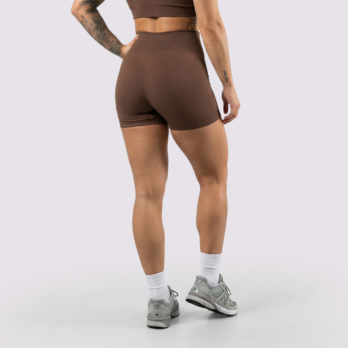 DTC ribbed performance shorts in brown, back view