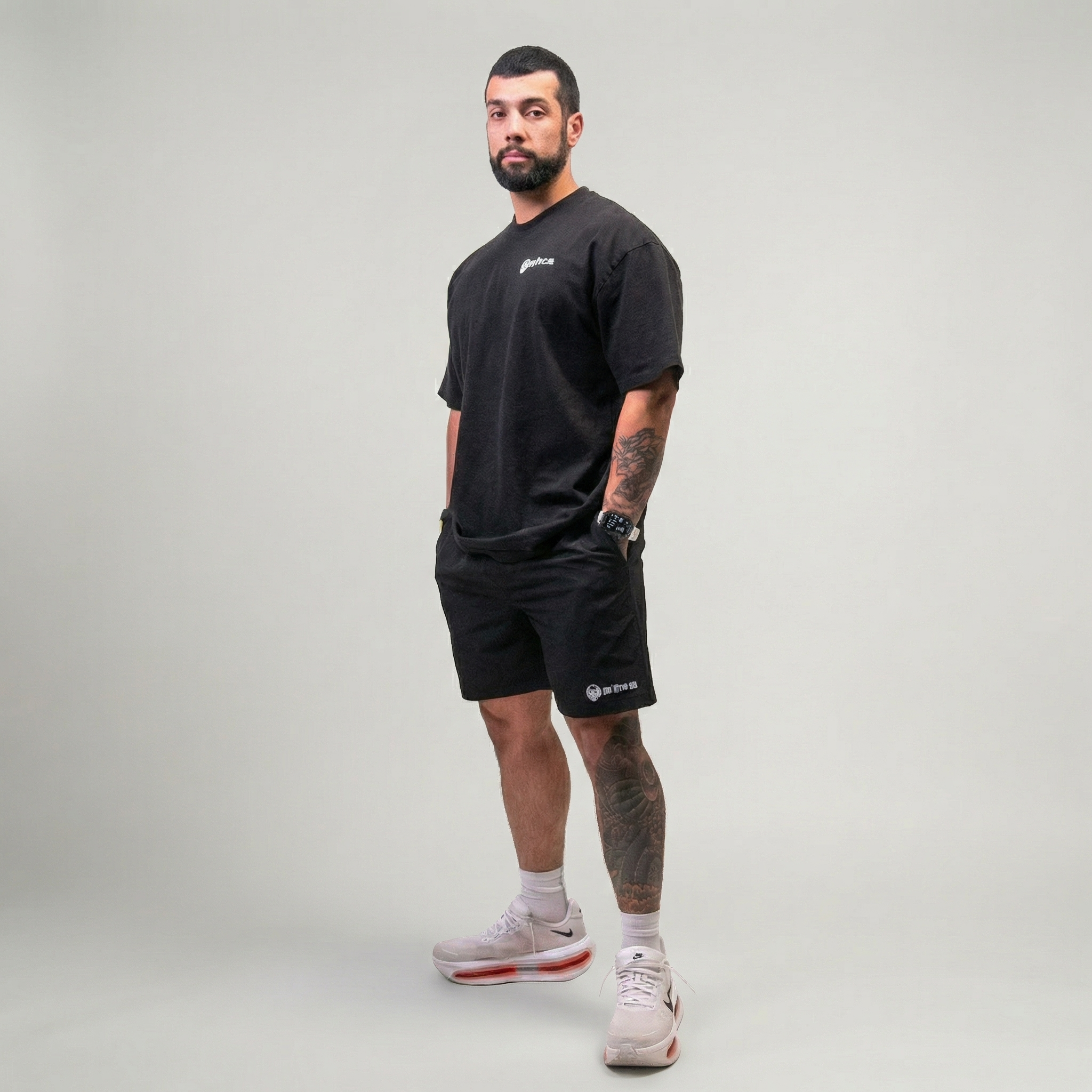 Full black DTC training outfit: performance shorts with matching tee