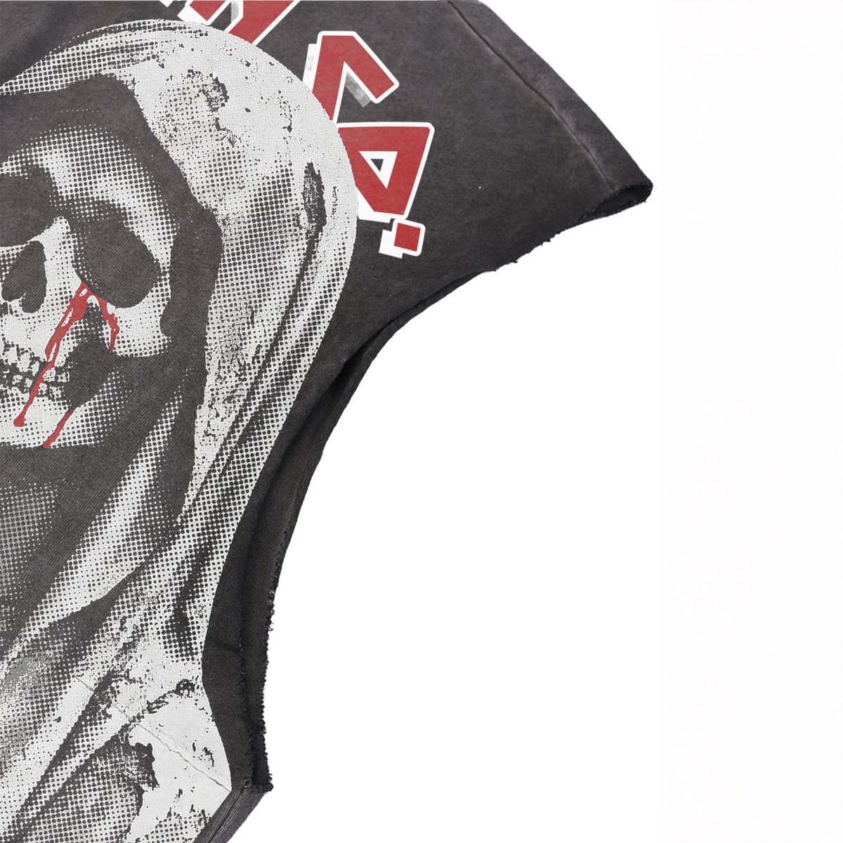 Close-up of the printed graphic on the Iron Maiden sleeveless tee