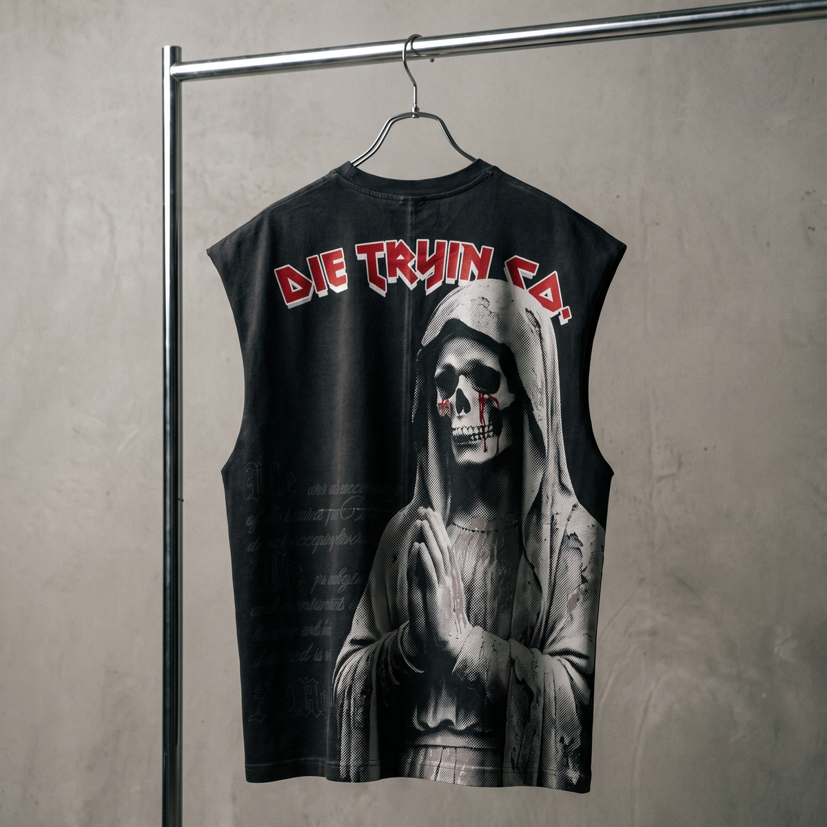 Iron Maiden sleeveless tee hanging, showing the front graphic