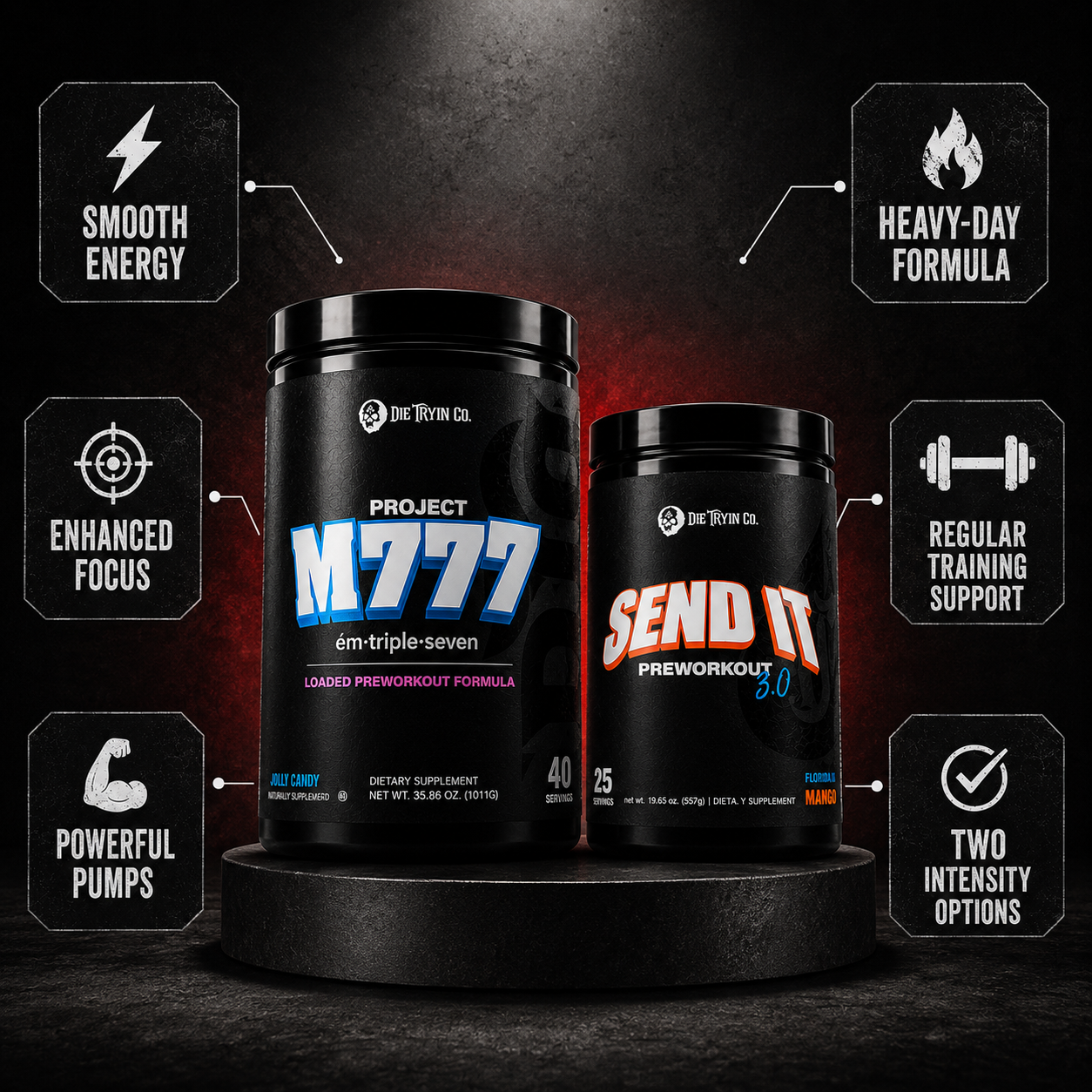 Project M777 and SEND IT 3.0 dual pre-workout stack: smooth energy, enhanced focus, powerful pumps