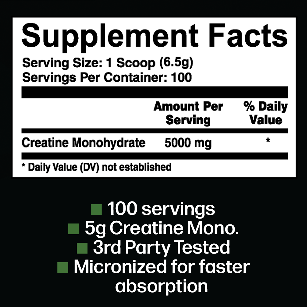 Creatine supplement facts: 5000mg Creatine Monohydrate per scoop, 100 servings, third-party tested