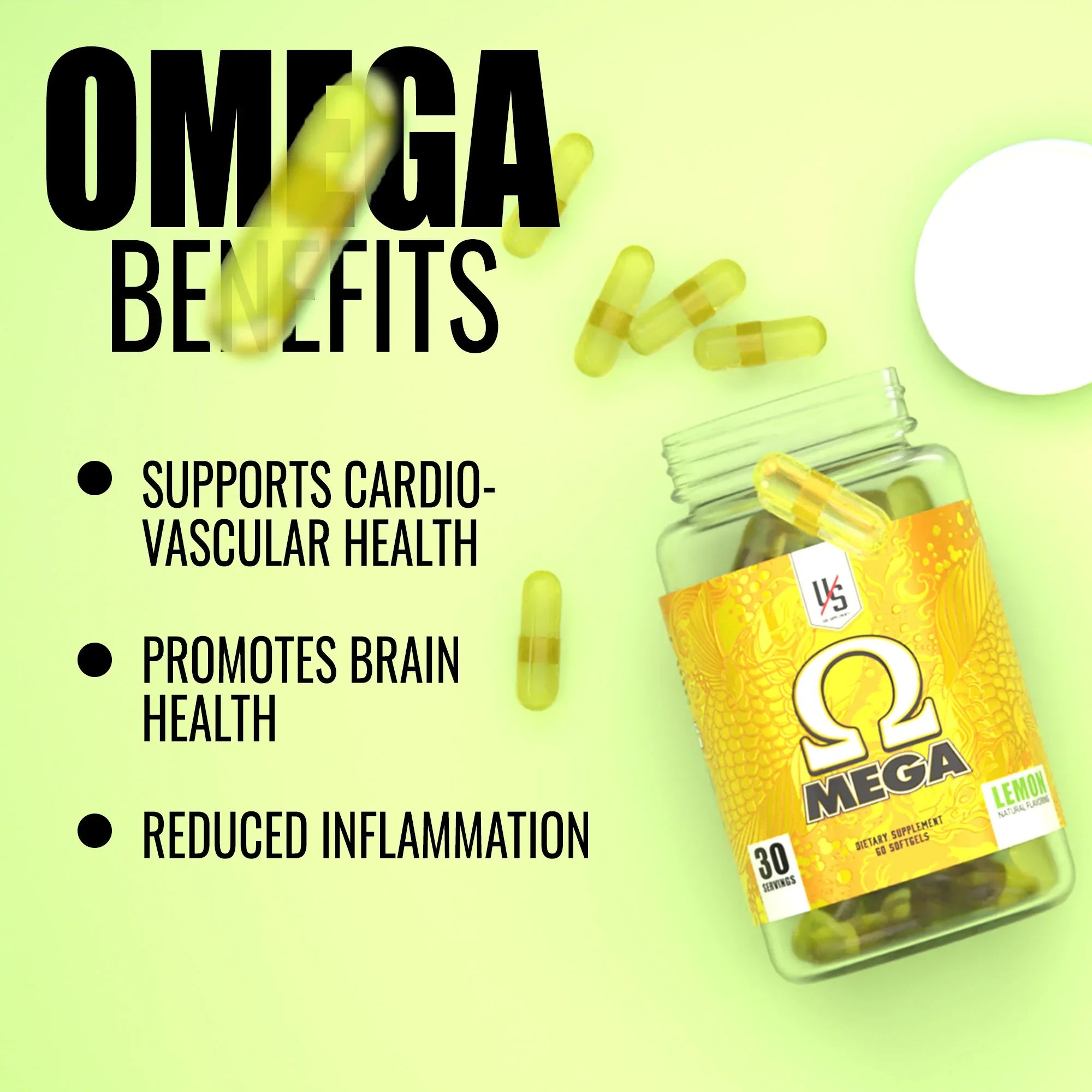 Omega benefits: supports cardiovascular health, promotes brain health and reduced inflammation