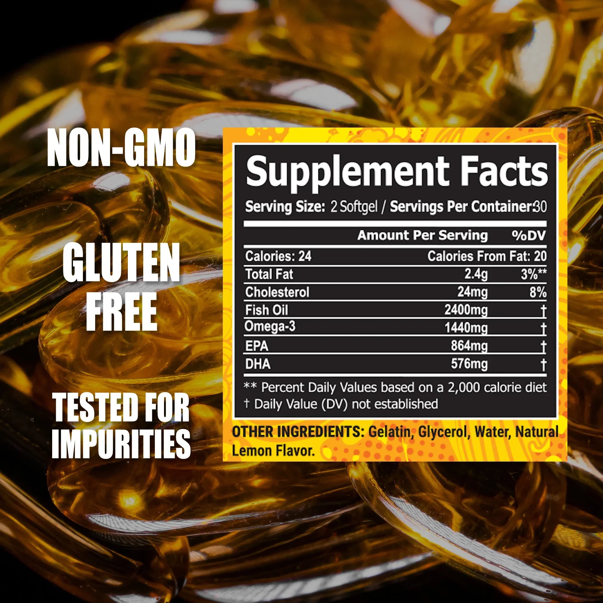 Omega supplement facts: 2400mg fish oil, 1440mg omega-3, 864mg EPA and 576mg DHA per two softgels