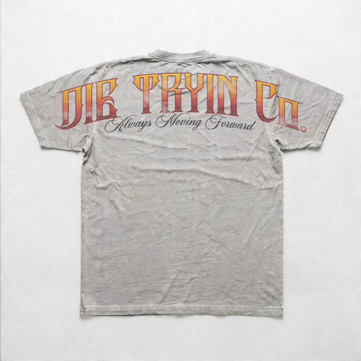 Oversized flame tee flat lay, back view in grey