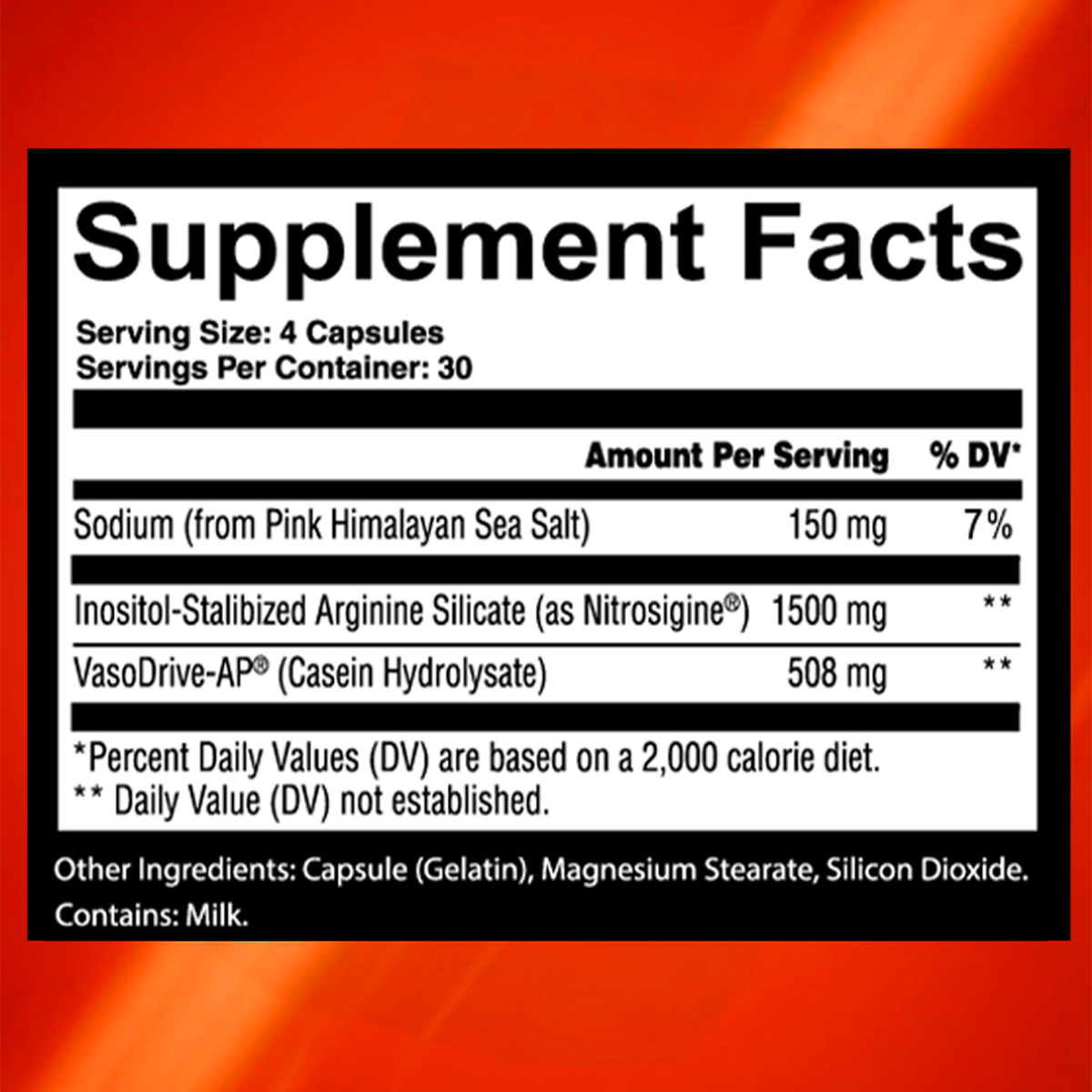 Pump Action supplement facts: 1500mg Nitrosigine, 508mg VasoDrive-AP and 150mg sodium per 4 capsules