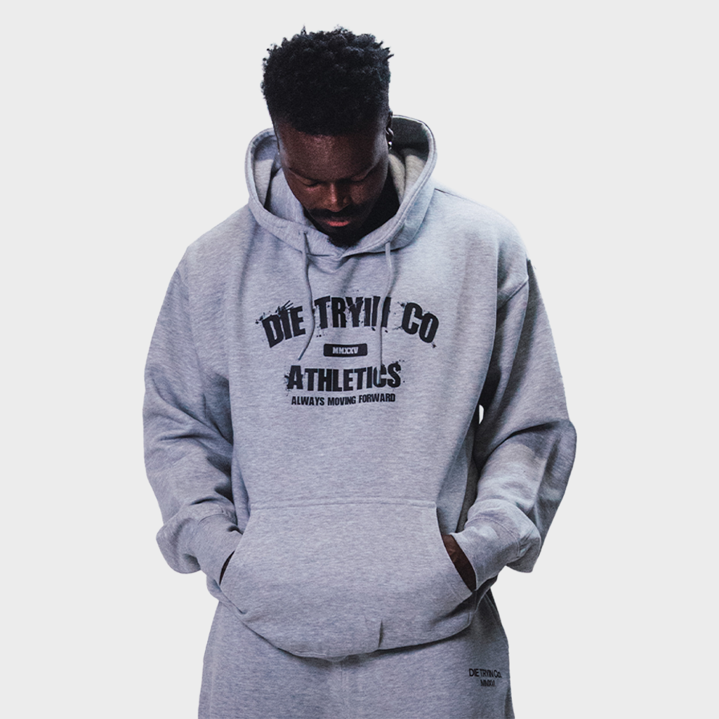 Summer Night athletic hoodie in grey, front view worn
