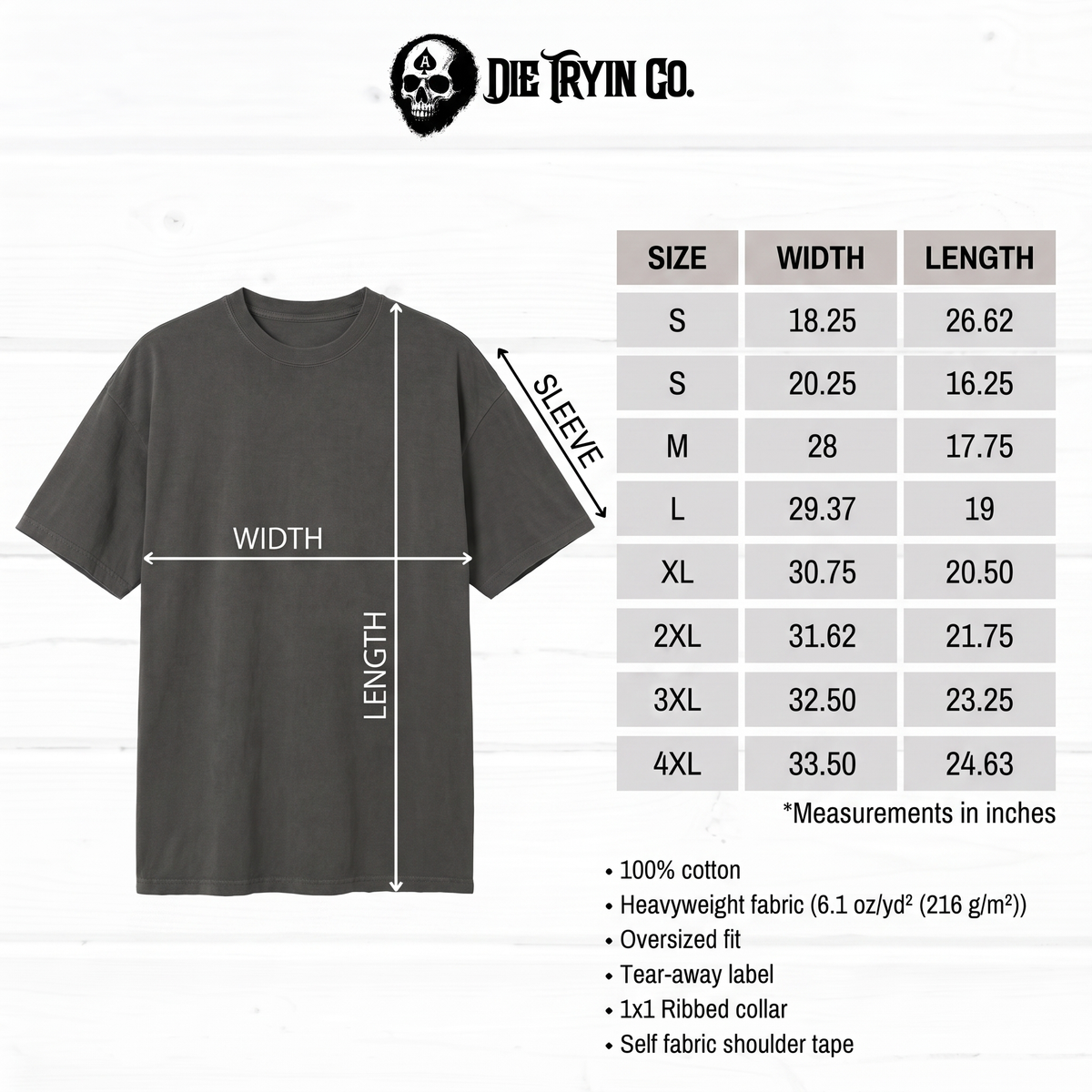 Training Dept oversized tee size chart with width and length measurements, 100% cotton heavyweight