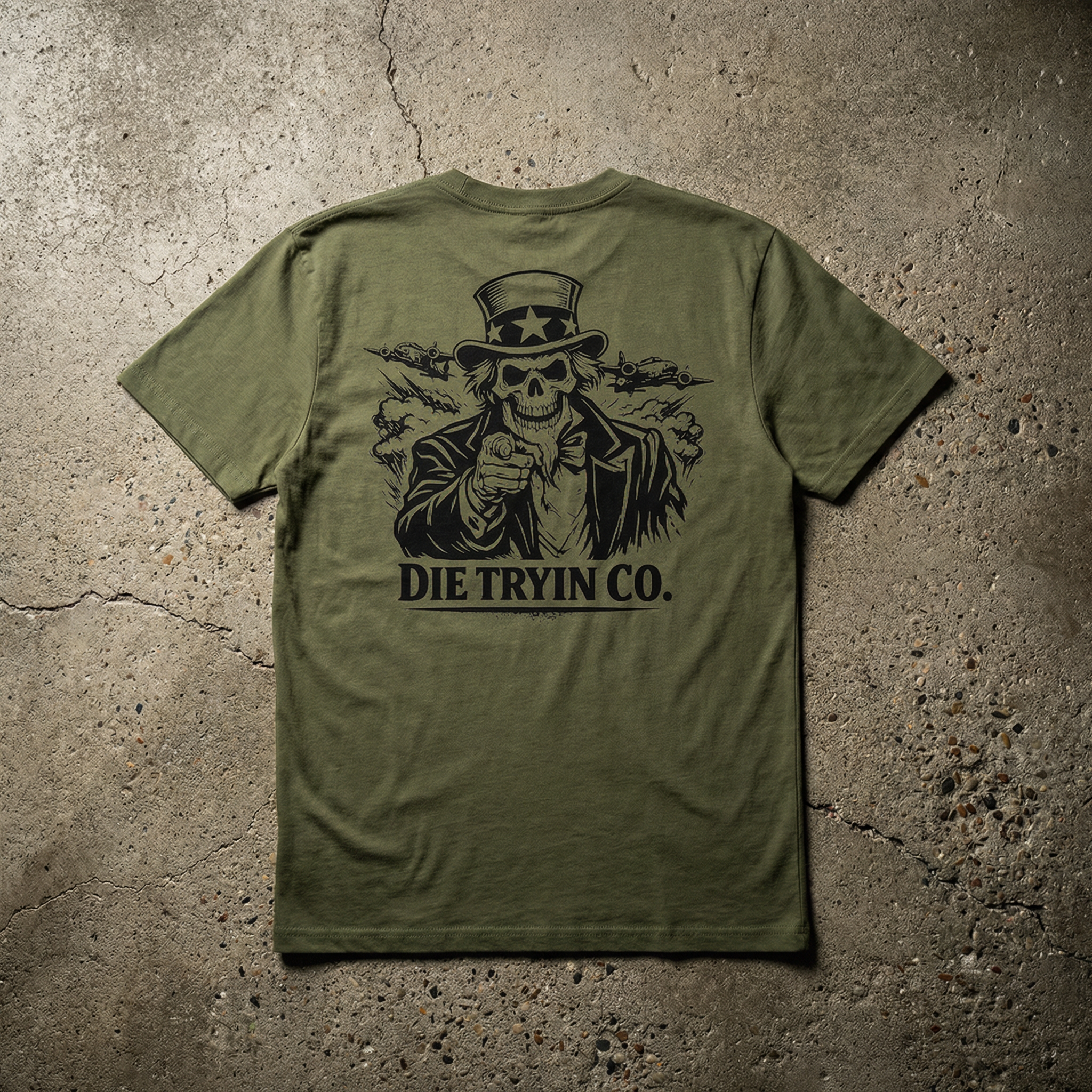 Uncle SAM tee flat lay, back view in olive