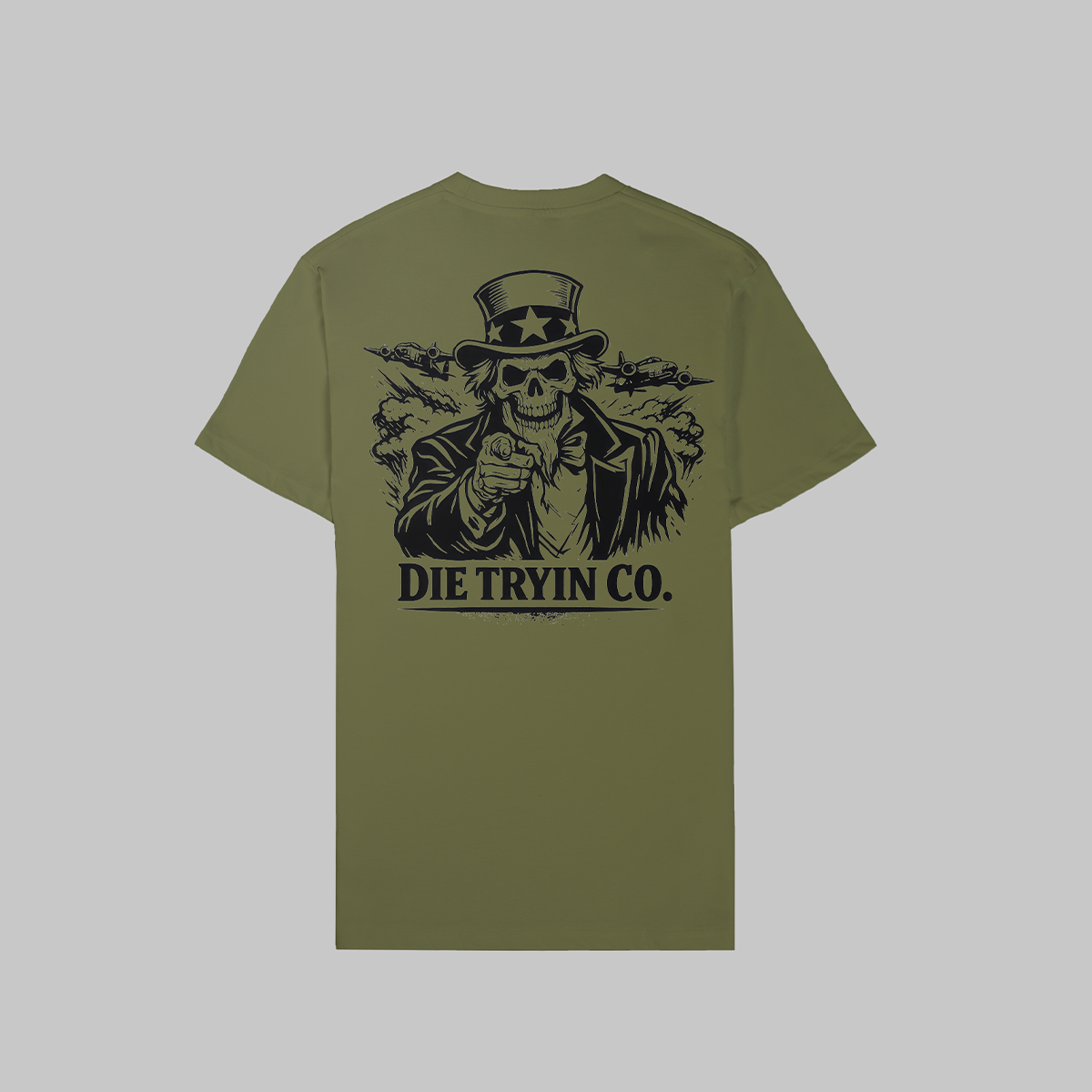 Uncle SAM tee flat lay, back view in olive on a studio background