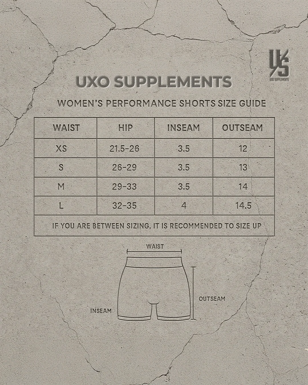 Women’s performance shorts size guide with waist, hip, inseam and outseam measurements