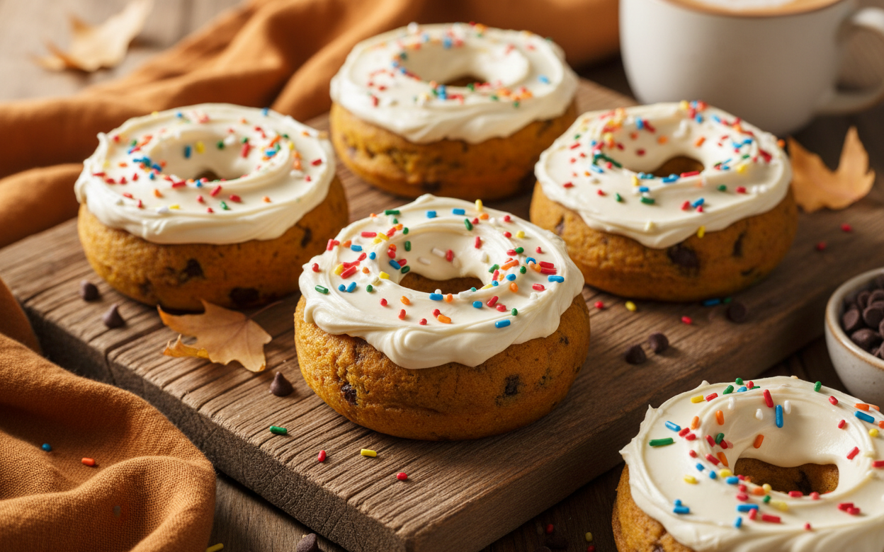Pumpkin chocolate chip protein donuts with cream cheese frosting and sprinkles