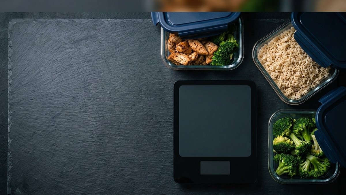 Glass meal prep containers of chicken, rice and broccoli beside a digital kitchen scale