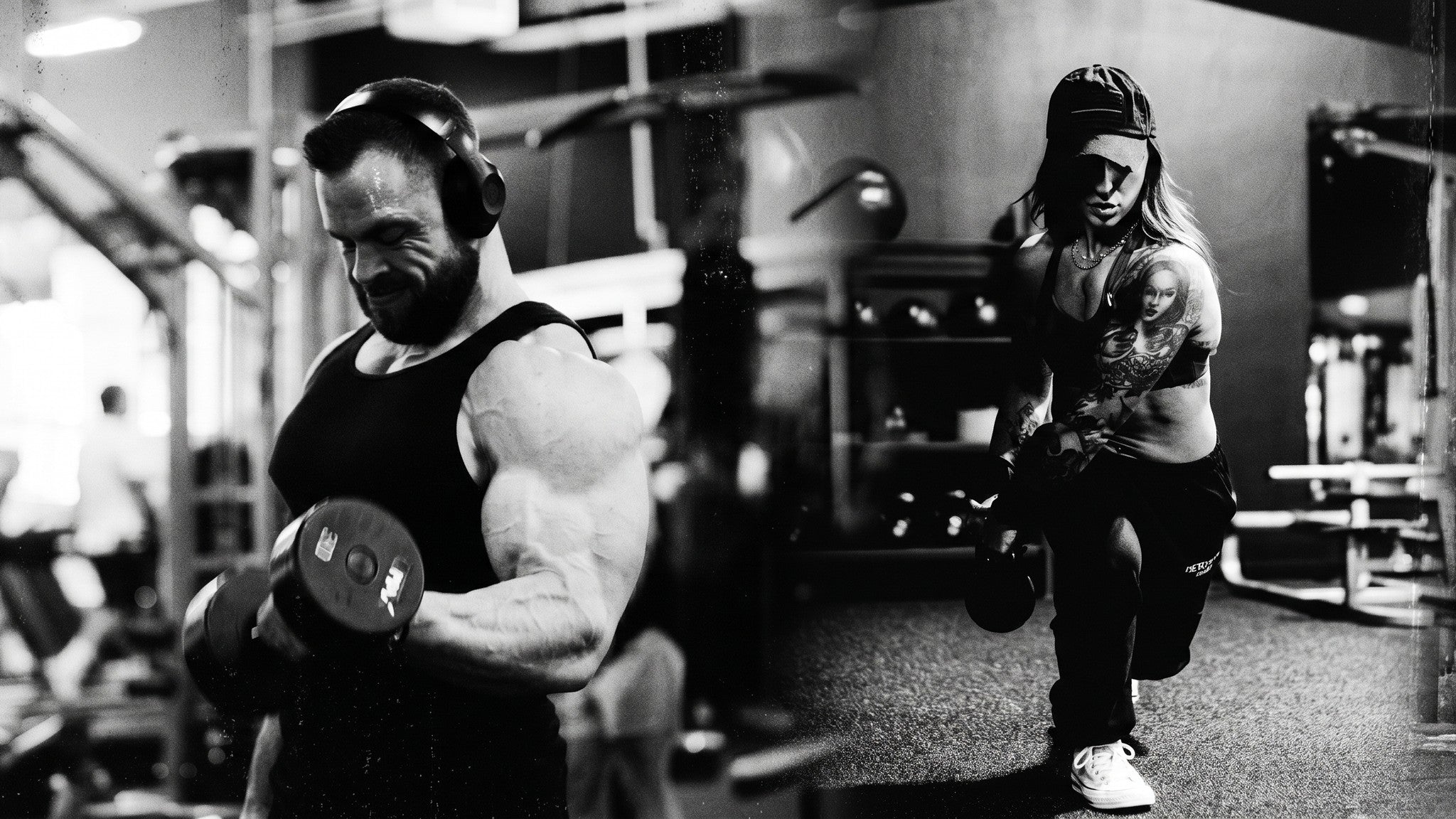 Two athletes training with dumbbells in a gym, one curling and one mid-lunge